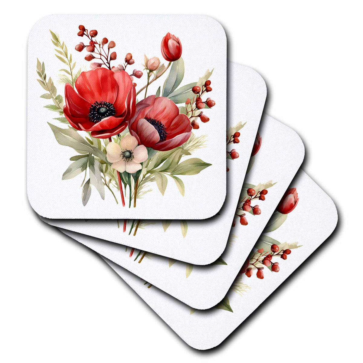 3dRose Pretty Red Anemone Flowers Illustration - Coasters (cst-383626)