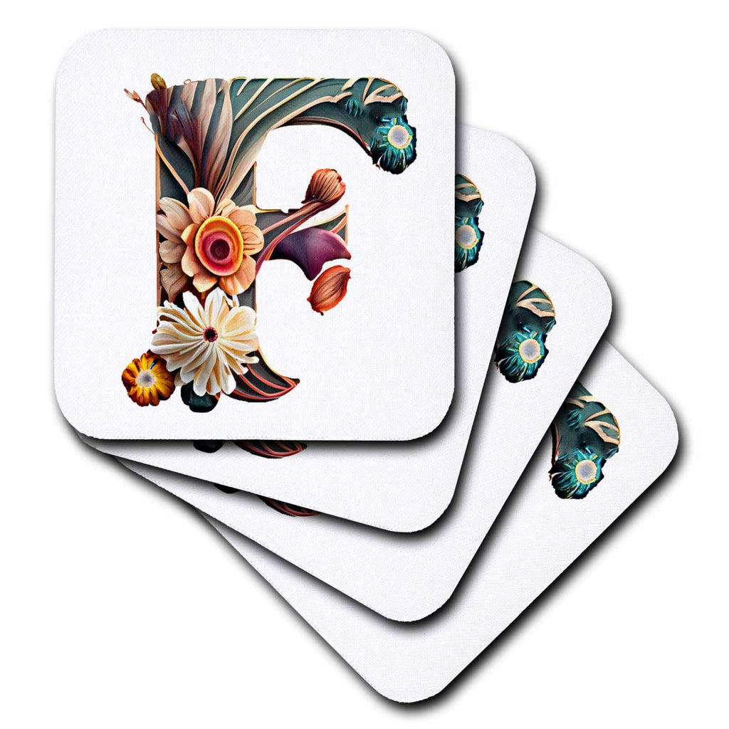 3dRose Anne Marie Baugh - Monograms - Boho Floral Monogram Initial F - Coasters (cst-383733)