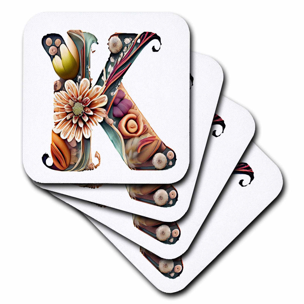 3dRose Anne Marie Baugh - Monograms - Boho Floral Monogram Initial K - Coasters (cst-383737)