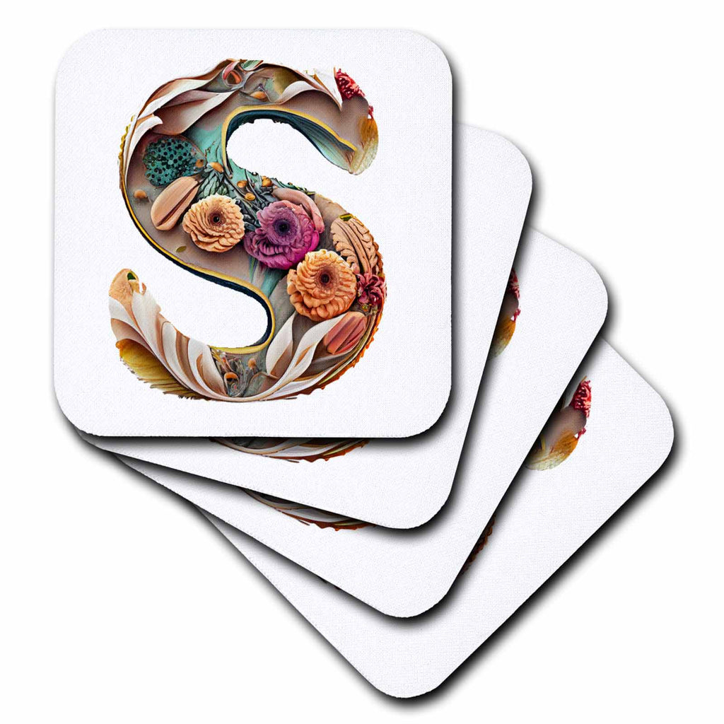 3dRose Anne Marie Baugh - Monograms - Boho Floral Monogram Initial S - Coasters (cst-383743)