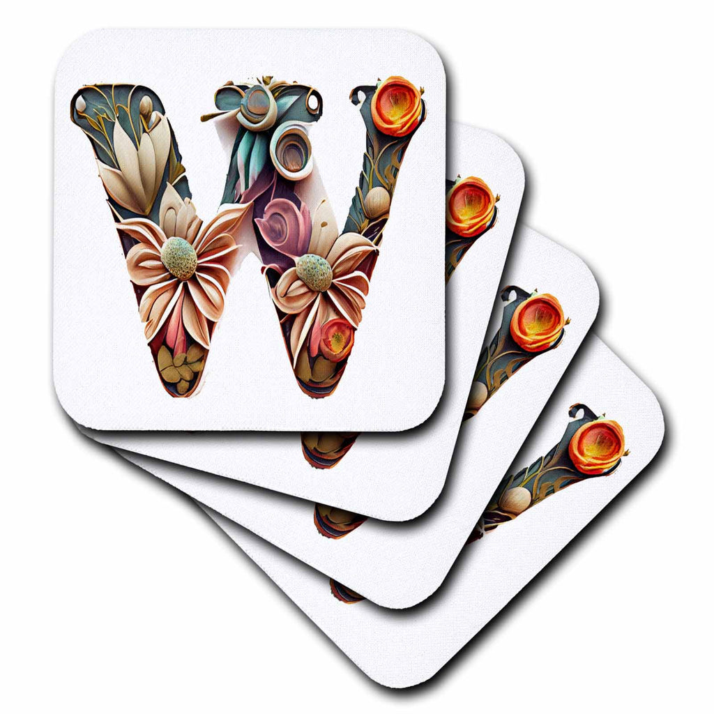 3dRose Anne Marie Baugh - Monograms - Boho Floral Monogram Initial W - Coasters (cst-383746)