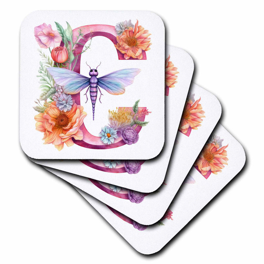 3dRose Pretty Pastel Floral Insect Monogram Initial C - Coasters (cst-383751)