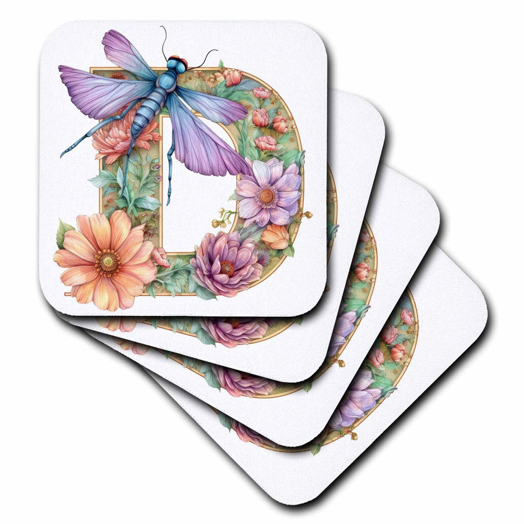 3dRose Pretty Pastel Floral Insect Monogram Initial D - Coasters (cst-383752)