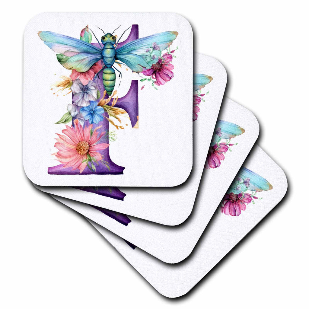 3dRose Pretty Pastel Floral Insect Monogram Initial F - Coasters (cst-383753)