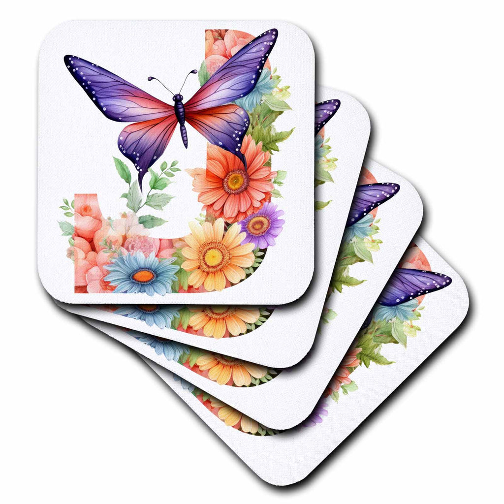 3dRose Pretty Pastel Floral Insect Monogram Initial J - Coasters (cst-383756)