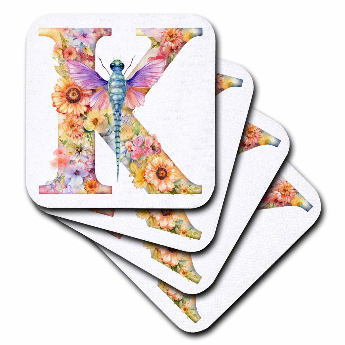 3dRose Pretty Pastel Floral Insect Monogram Initial K - Coasters (cst-383757)