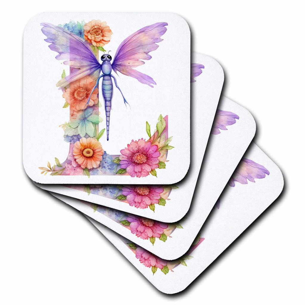 3dRose Pretty Pastel Floral Insect Monogram Initial L - Coasters (cst-383758)