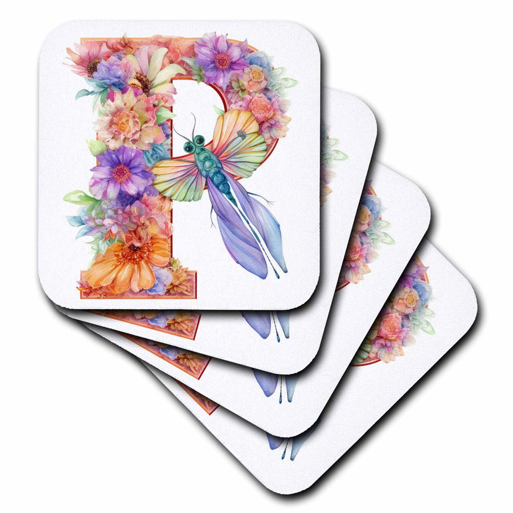 3dRose Pretty Pastel Floral Insect Monogram Initial P - Coasters (cst-383761)