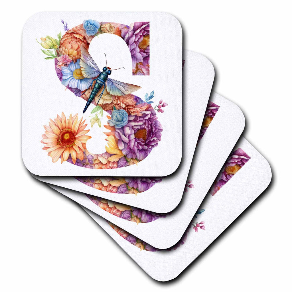 3dRose Pretty Pastel Floral Insect Monogram Initial S - Coasters (cst-383763)