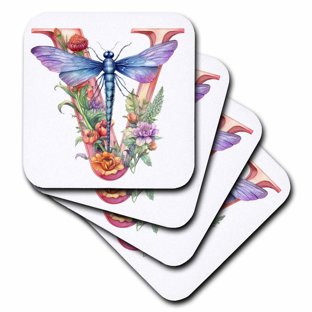 3dRose Pretty Pastel Floral Insect Monogram Initial V - Coasters (cst-383765)