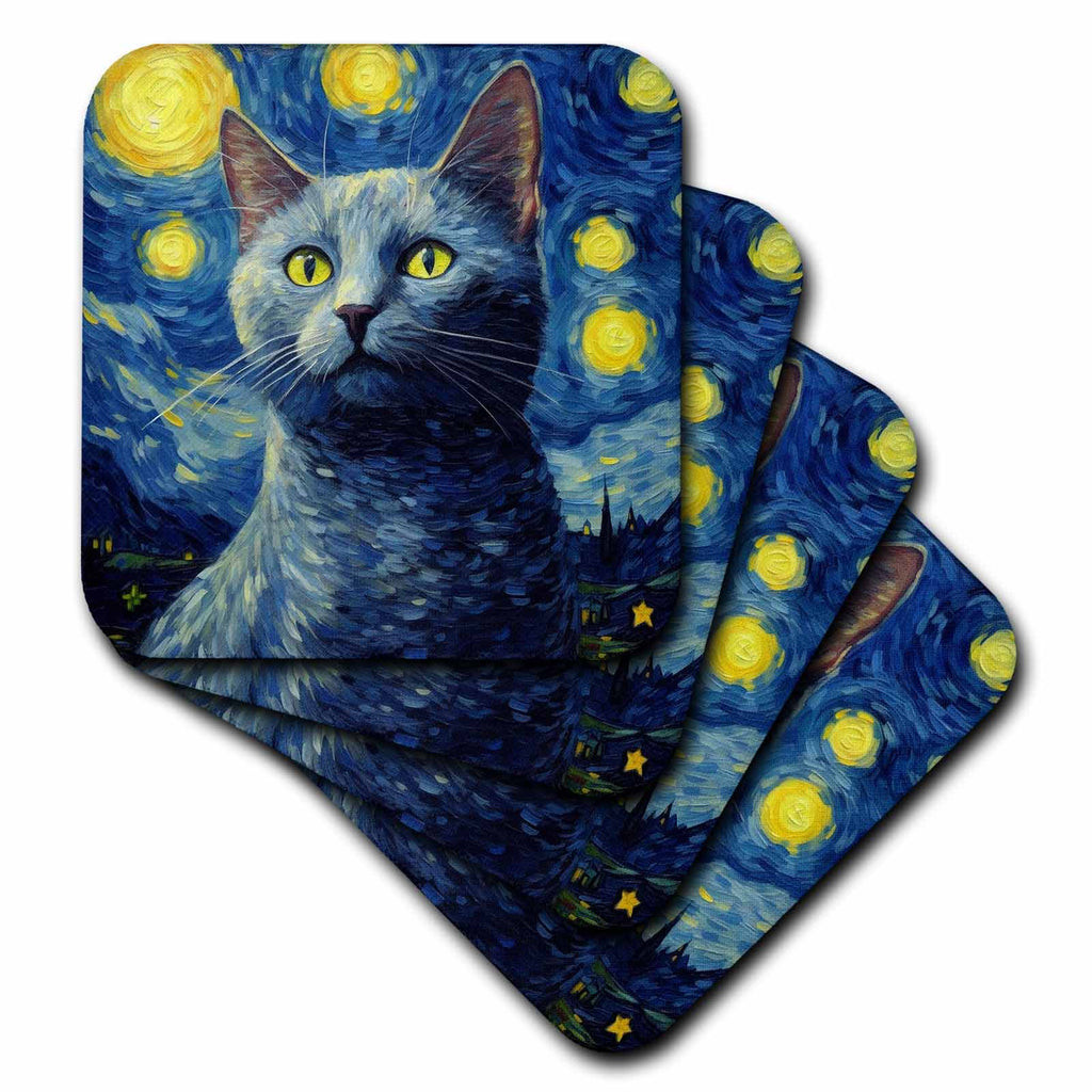 3dRose Russian Blue cat Portrait in Post-Impressionism Style - Coasters (cst-383839)