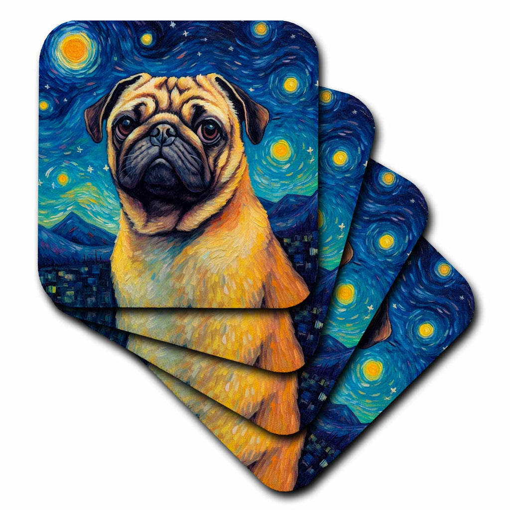 3dRose CR Media - Illustrations - Pug portrait in Post-Impressionism style - Coasters (cst-383844)