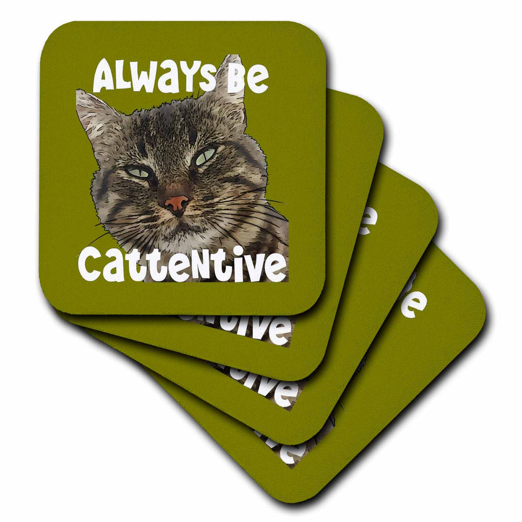 3dRose Always Be Cattentive Fun Pun Quote - Coasters (cst-384003)