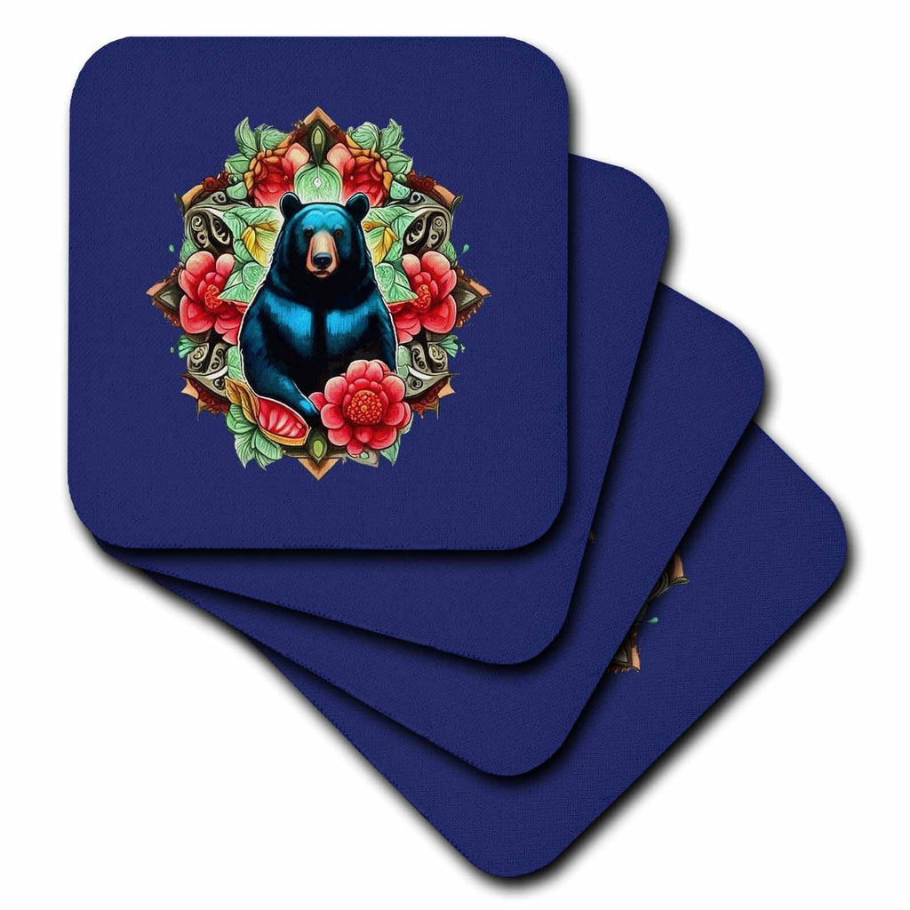 3dRose Alabama State Black Bear Surrounded by Camellia and Hydrangea - Coasters (cst-384037)