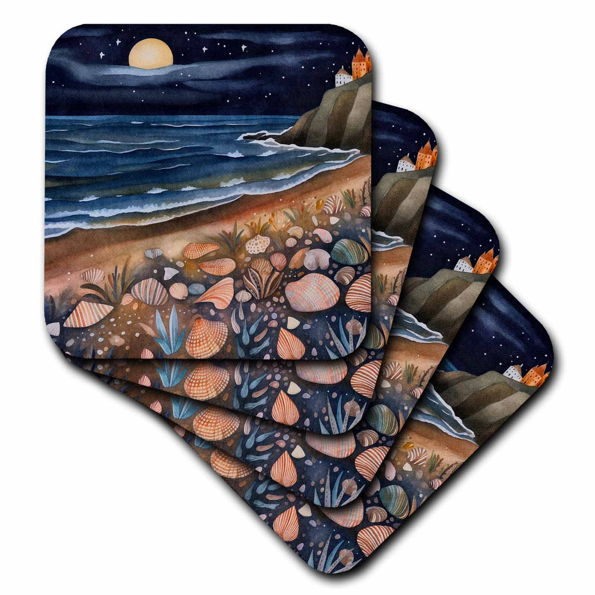 3dRose Seashell Beach Night Scene Background - Coasters (cst-384183)