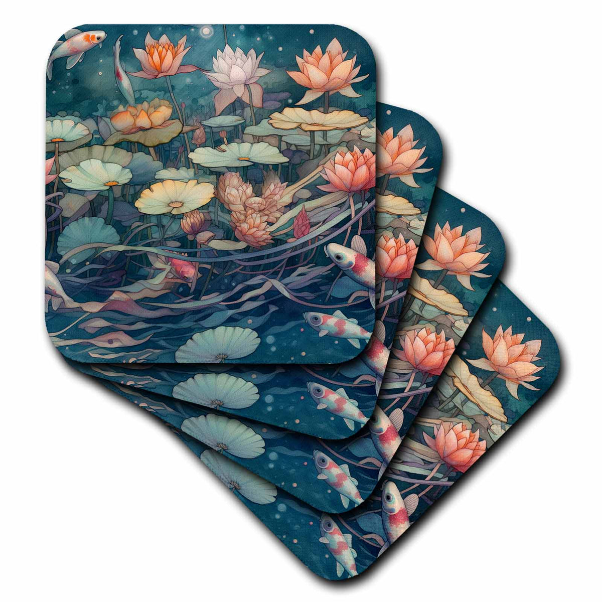 3dRose Pretty Lotus Flowers and Koi Fish Background - Coasters (cst-384186)