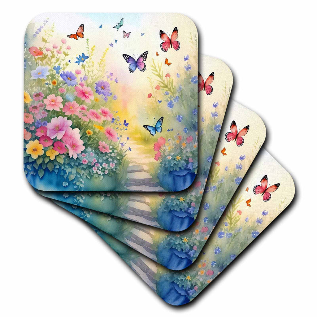 3dRose Pretty Flower Path and Butterflies Background - Coasters (cst-384193)