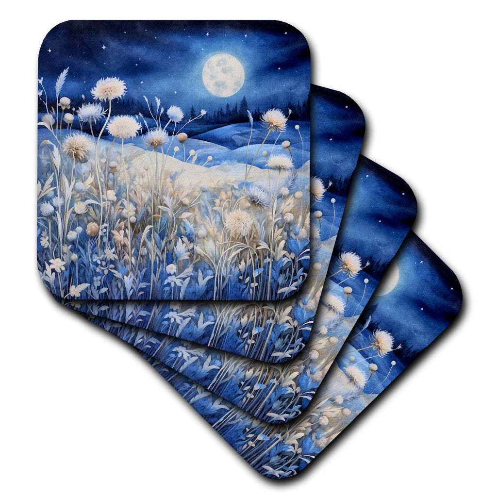 3dRose Blue Full Moon Night Sky and Flowers Background - Coasters (cst-384238)