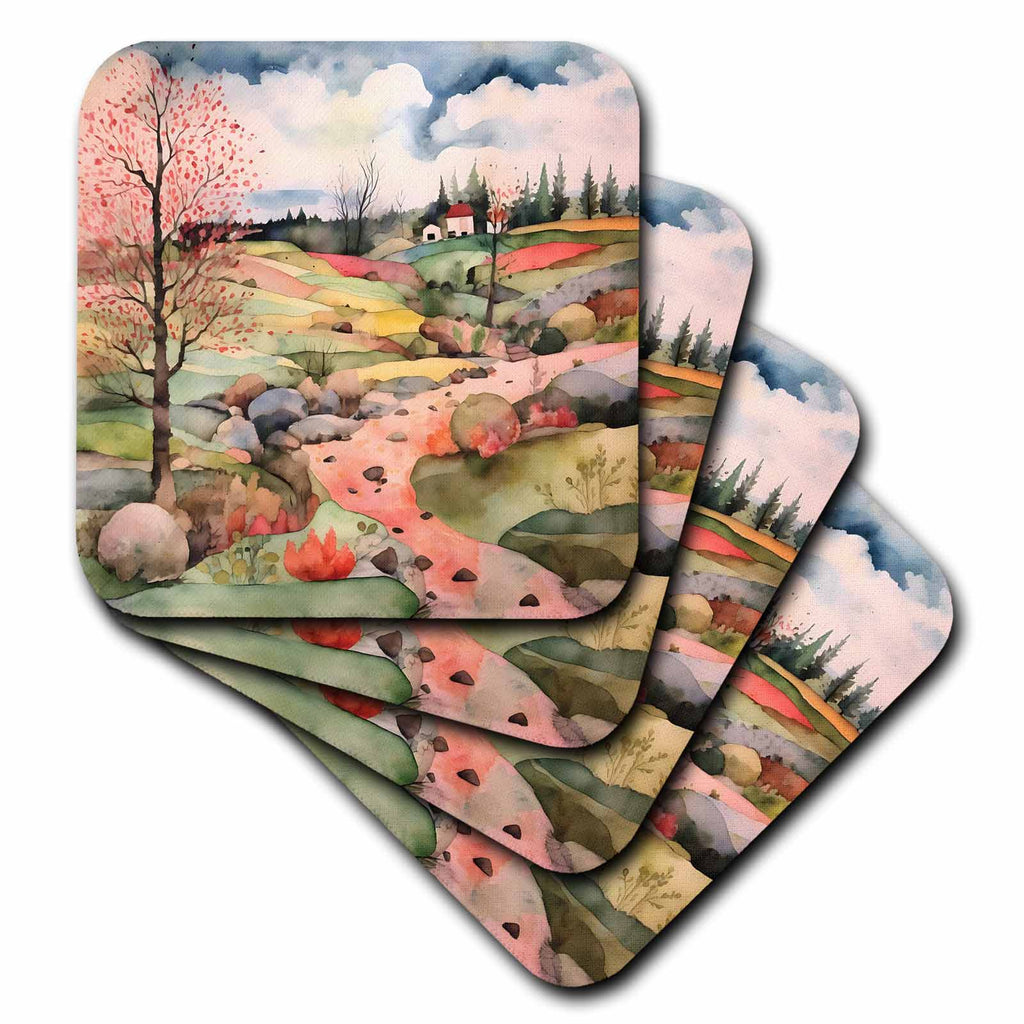 3dRose Pretty House in A Meadow Collage Background - Coasters (cst-384258)