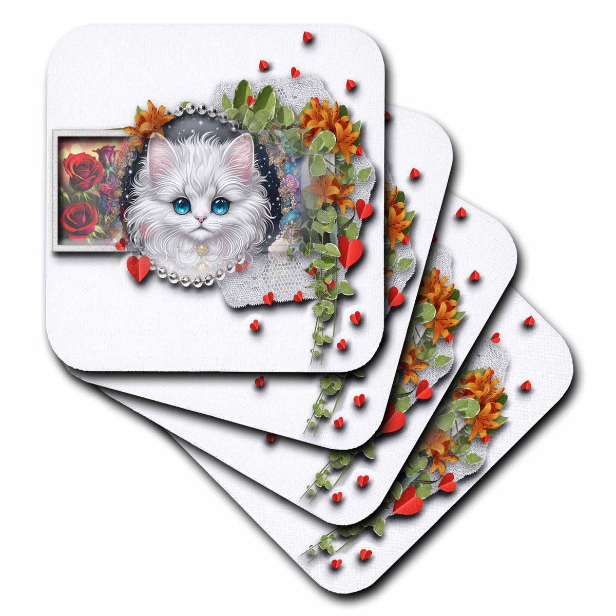 3dRose Beautiful cat Surrounded by Beatiful Flowers - Coasters (cst-384413)
