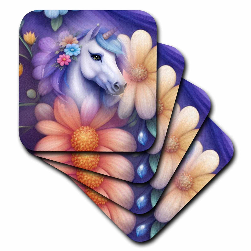 3dRose Beautiful Flowered White Unicorn - Coasters (cst-384440)