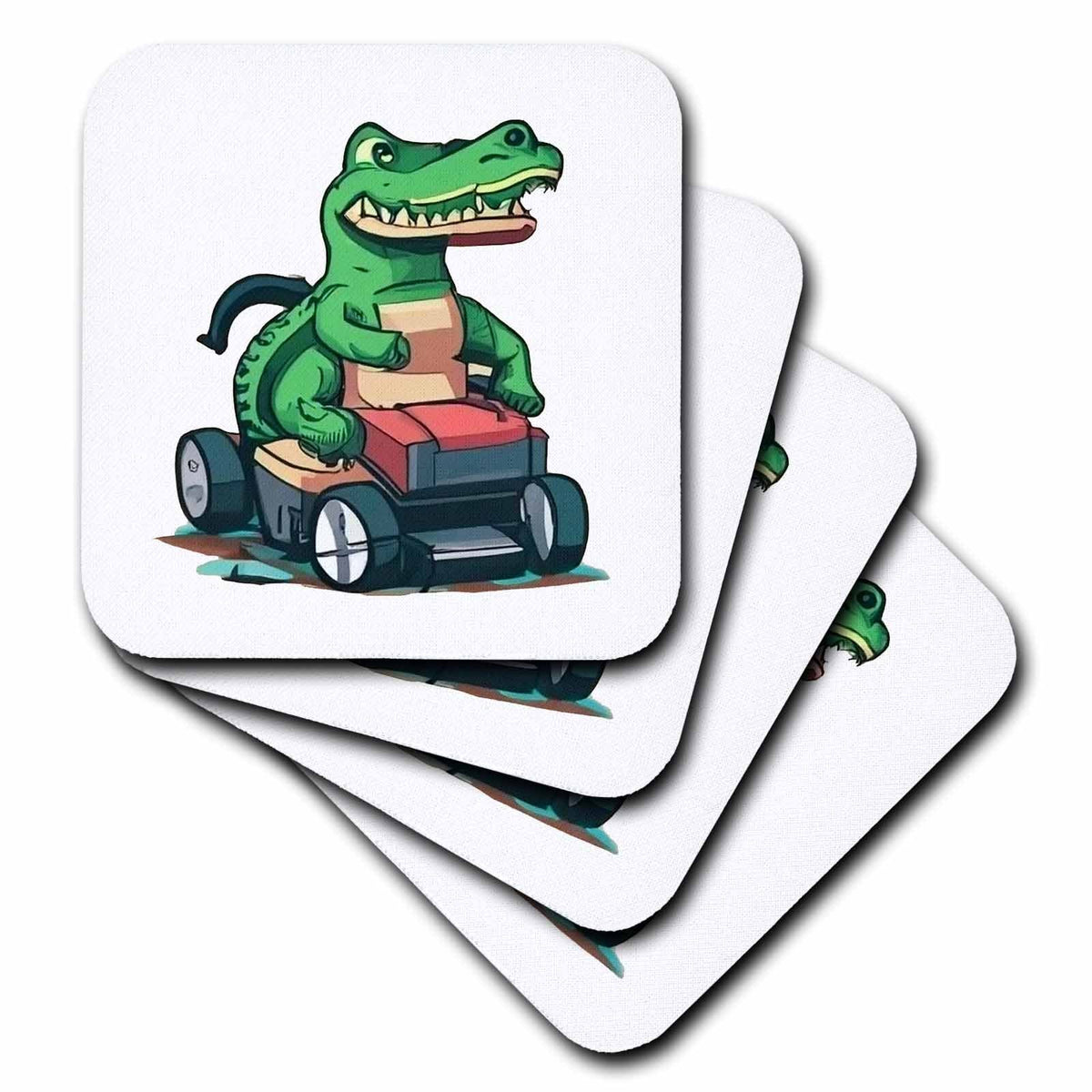 3dRose Funny Cute Alligator Riding Lawn Mower Cutting Grass - Coasters (cst-385356)