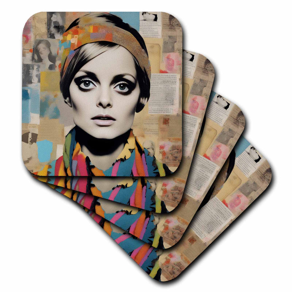 3dRose Cassie Peters Digital Art - Retro Woman Mixed Media Collage - Coasters (cst-385430)
