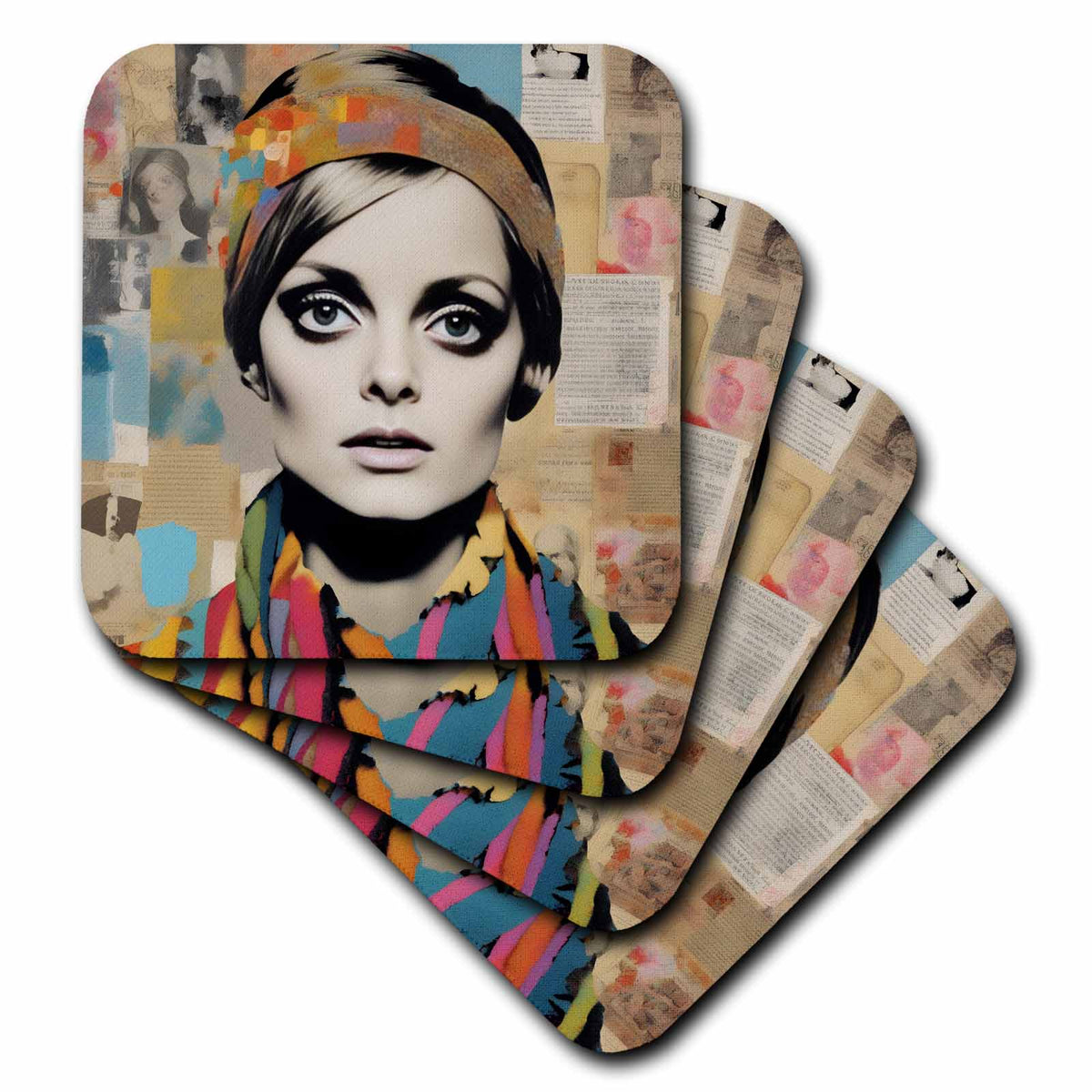 3dRose Cassie Peters Digital Art - Retro Woman Mixed Media Collage - Coasters (cst-385430)
