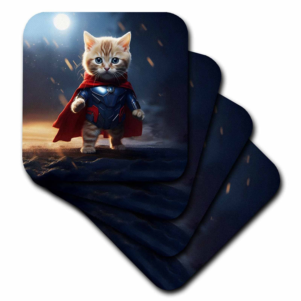 3dRose Superhero Kitten with a Cool Cape Ready for Action - Coasters (cst-385464)