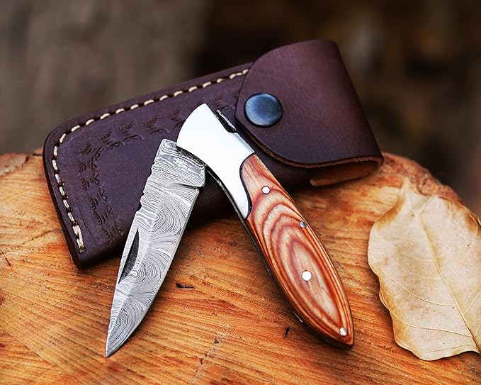 Handmade Damascus Steel Pocket Knife with Pakkawood Handle & Steel Bolster | 3" Blade | Includes Leather Sheath