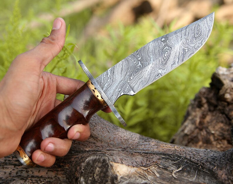 Custom Handmade 10.5-Inch Damascus Steel Bowie Knife with Rosewood Handle and Damascus Guard