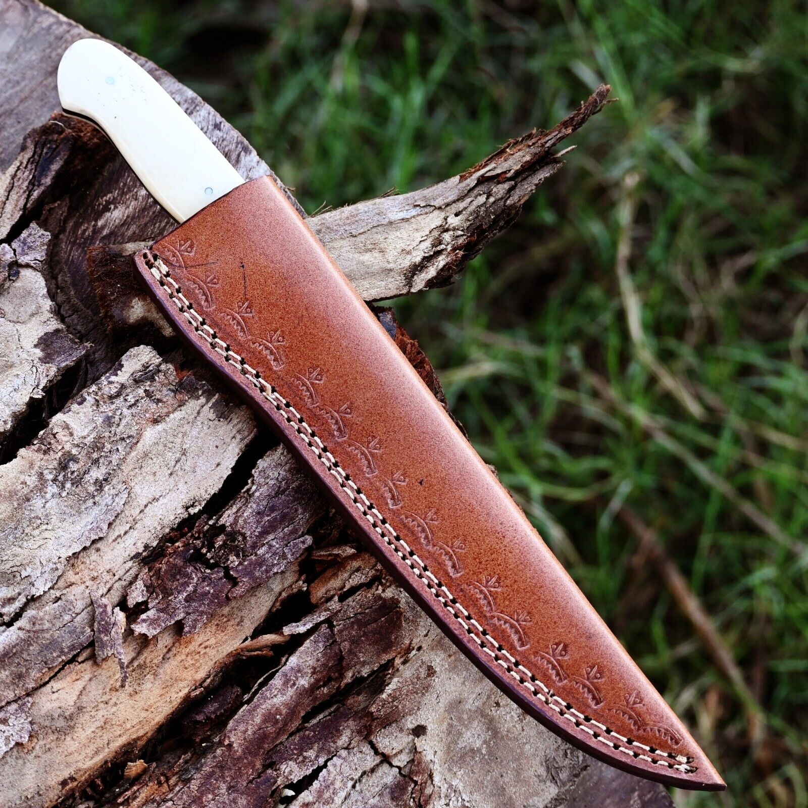 Premium Handmade Damascus Steel Fillet Knife – Brass & Camel Bone Handle with Leather Sheath | Best Fillet Knife