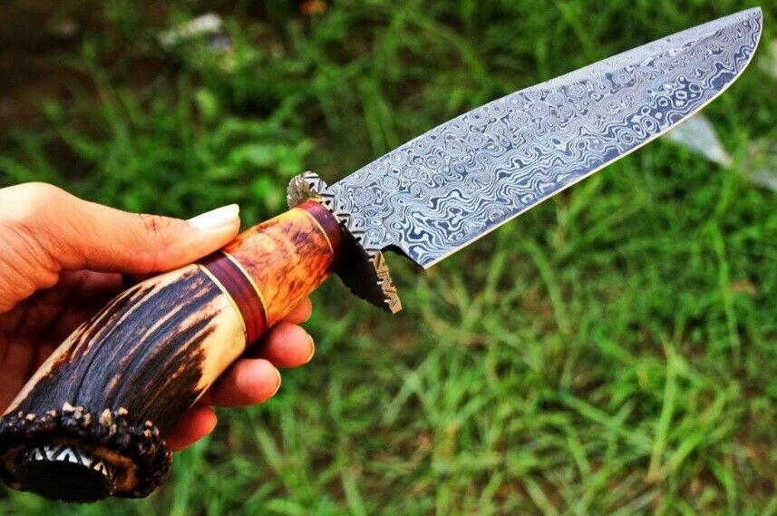 Best Custom Handmade 15" Damascus Steel Bowie Knife with Stag Horn & Olive Wood Handle, Damascus Guard – Includes Leather Sheath