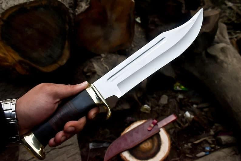 Crocodile Dundee Bowie Knife by Paul Hogan | Custom 16-Inch 440C Steel Blade with Leather and Buffalo Horn Handle, Brass Guard, and Leather Sheath