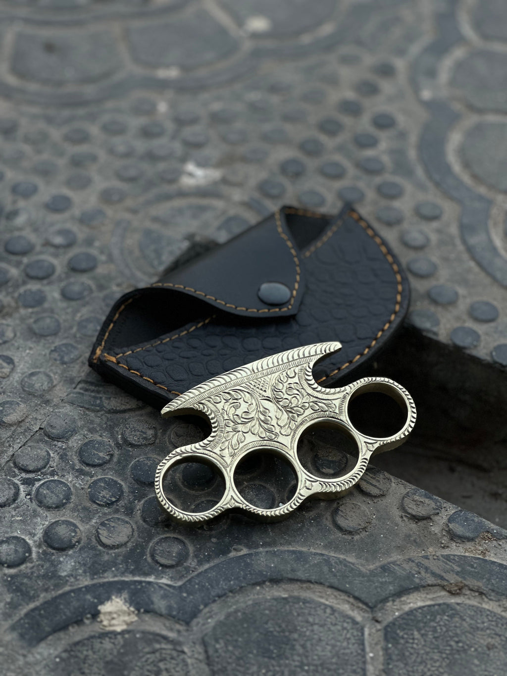 Luxury Handcrafted Brass Knuckle with Engraving & Leather Sheath