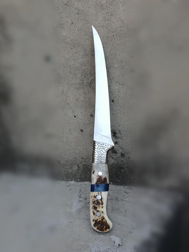 Custom D2 Steel Fillet Knife with Antler Horn Handle and Steel Bolster - Includes Leather Roll Kit