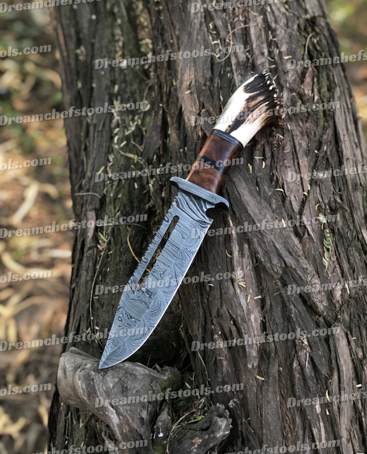 15" Handmade Damascus Steel Bowie Knife – Full Tang with Stag Crown Antler & Rosewood Handle, Damascus Steel Guard, Includes Leather Sheath
