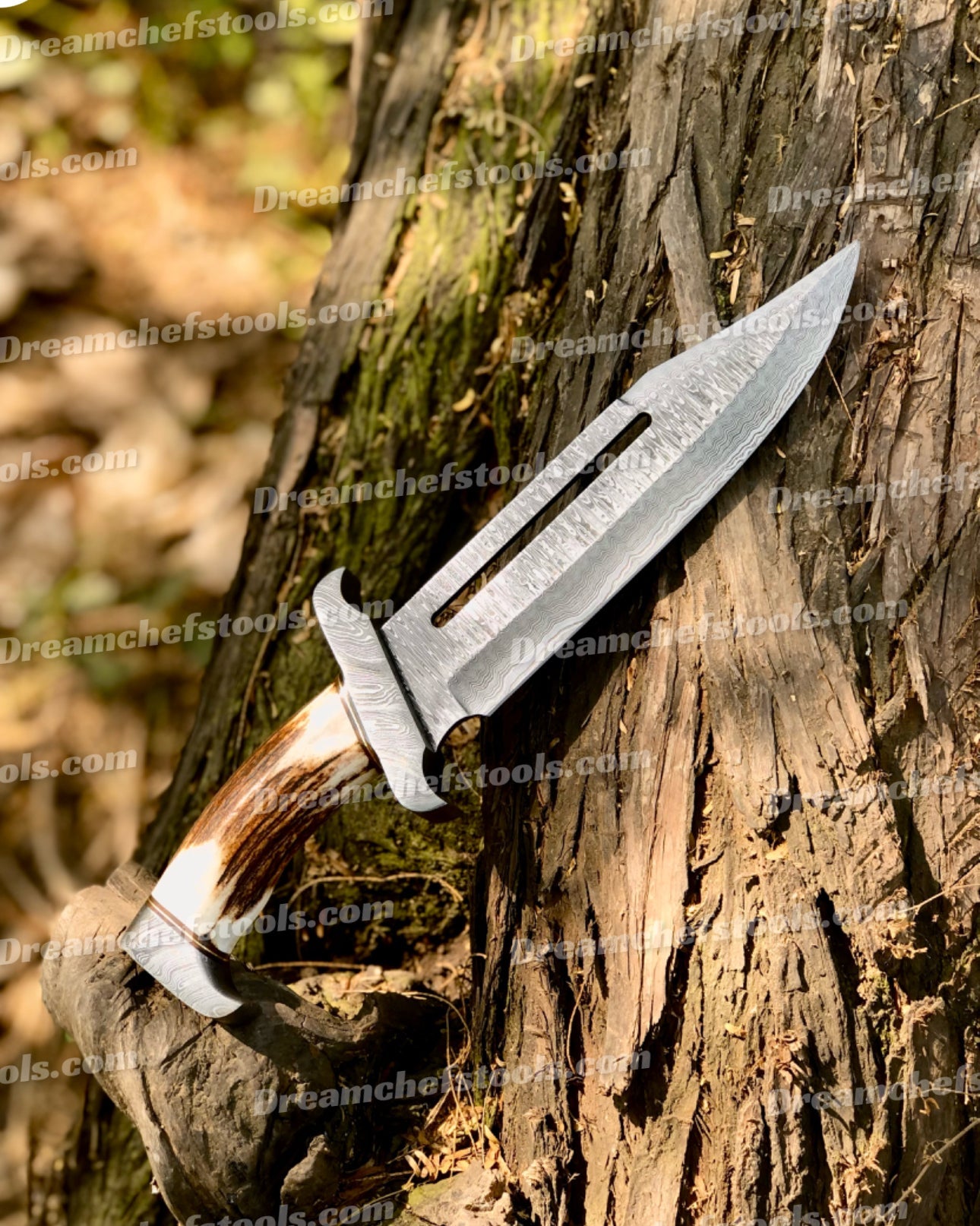 15" Handmade Damascus Steel Bowie Knife – Full Tang with Stag Antler Handle & Damascus Steel Guard, Includes Leather Sheath