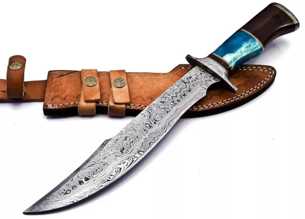 Custom Damascus Steel Bowie Knife | Color Bone & Rosewood Handle with Damascus Guard | Includes Leather Sheath