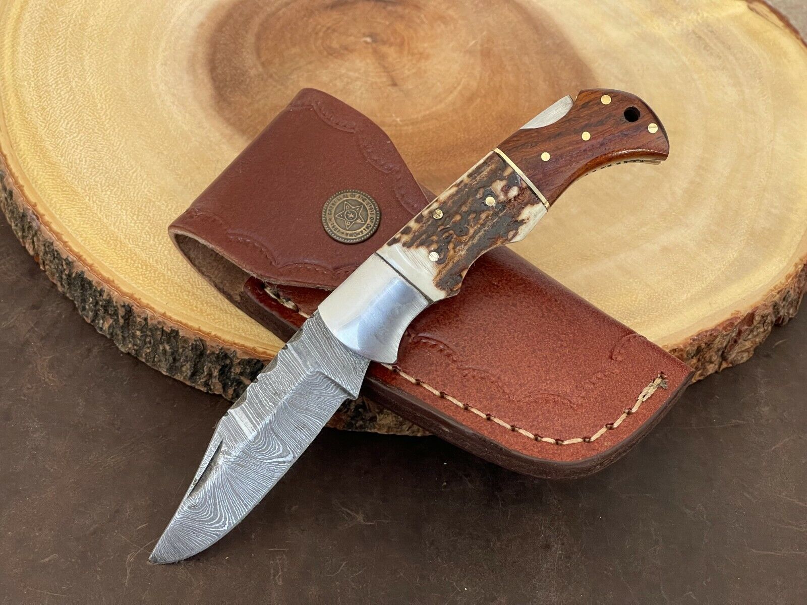 Custom Handmade Damascus Steel Pocket/Folding Knife with Stag & Rosewood Handle, Steel Bolster – 3" Overall Length, Includes Leather Sheath