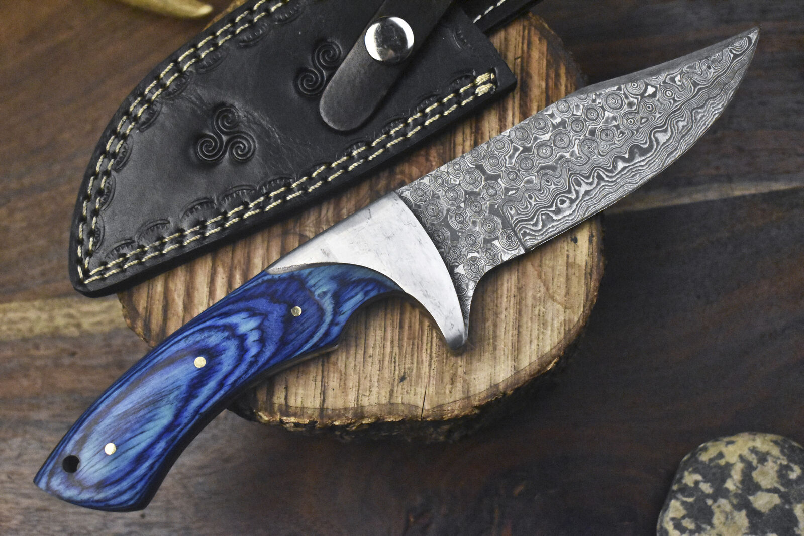 Custom Handmade Damascus Steel Hunting Knife with Pakkawood Handle & Steel Bolster | Includes Leather Sheath