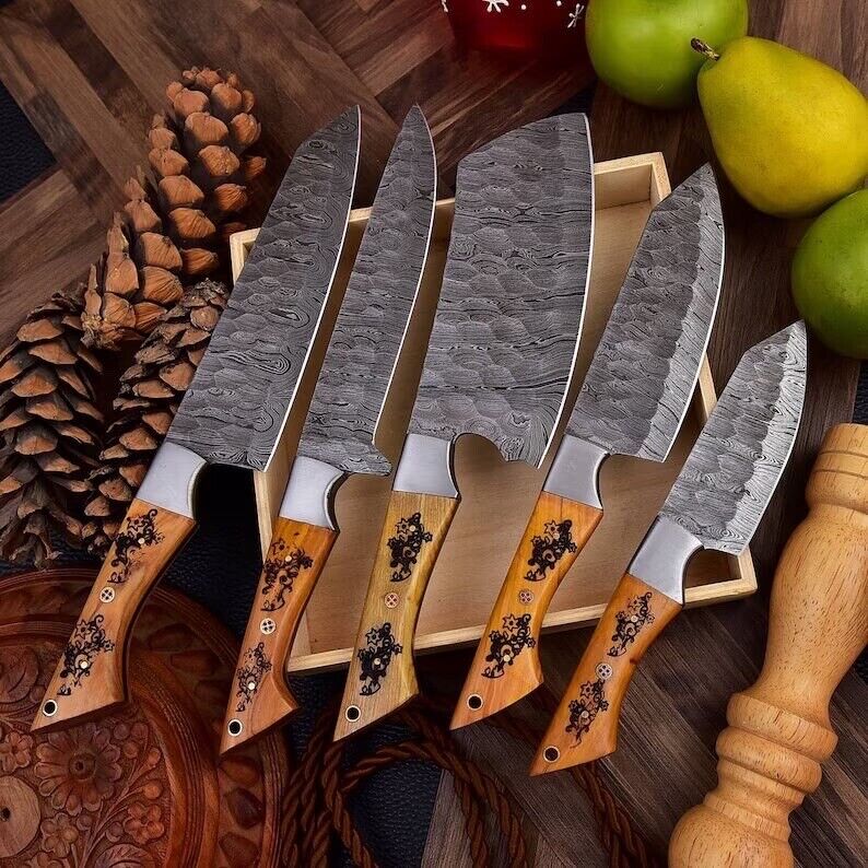 Custom Handmade Damascus Steel Knife Set with Engraved Rosewood Handles