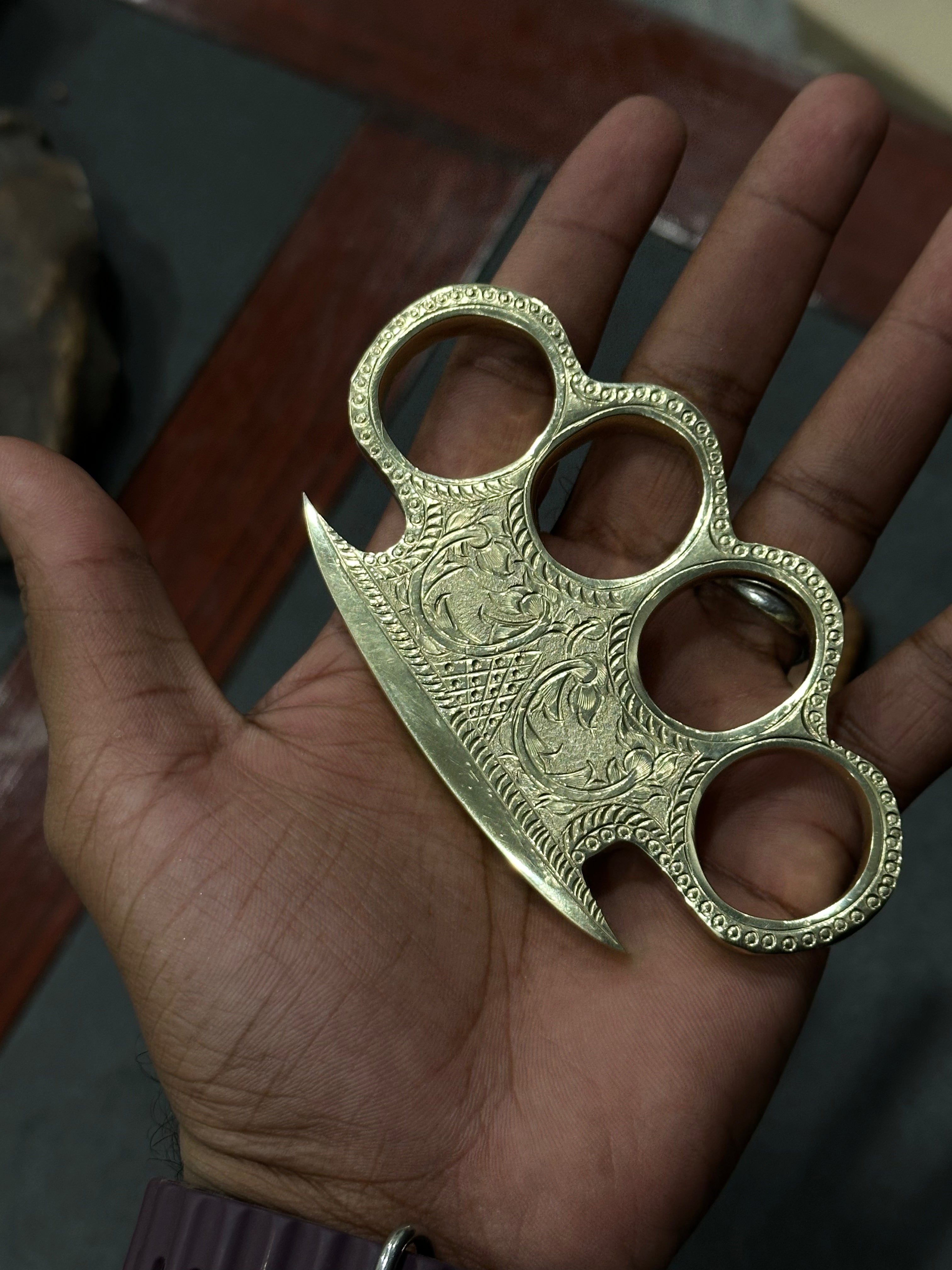 Custom Engraved Brass Knuckles - Belt Loop Leather Case - Solid Brass