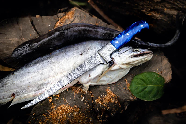 Custom Handmade 13-Inch Damascus Fillet Knife with Blue Resin Handle and Damascus Steel Bolster