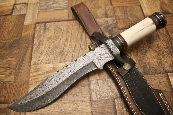 Custom Handmade 13-Inch Damascus Steel Bowie Knife with Camel Bone Handle and Damascus Guard
