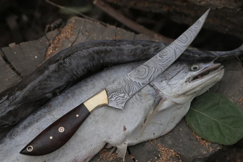 Custom Handmade 13-Inch Damascus Steel Fillet Knife with Rosewood Handle and Brass Bolster