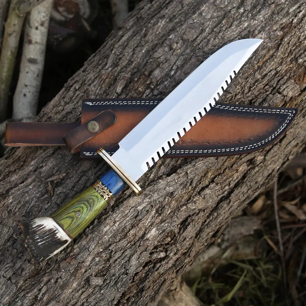 Custom Handmade 15-Inch D2 Steel Bowie Knife with Stag Crown and Color Wood Handle, Brass Guard