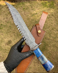 Custom Handmade 15” Damascus Steel Bowie Knife with Colored Bone Handle & Steel Guard – Includes Leather Sheath