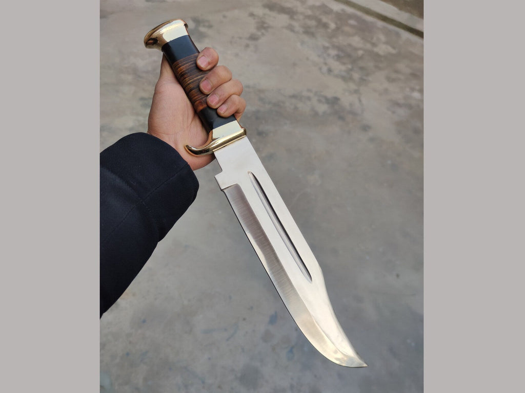 Handmade J2 Steel Crocodile Dundee Bowie Knife – 16” Survival Blade with Buffalo Horn & Leather Handle + Brass Guard & Sheath