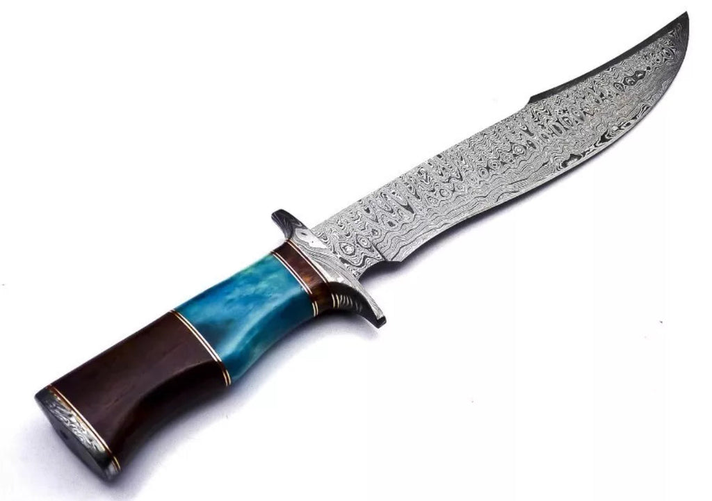 Custom Damascus Steel Bowie Knife | Color Bone & Rosewood Handle with Damascus Guard | Includes Leather Sheath